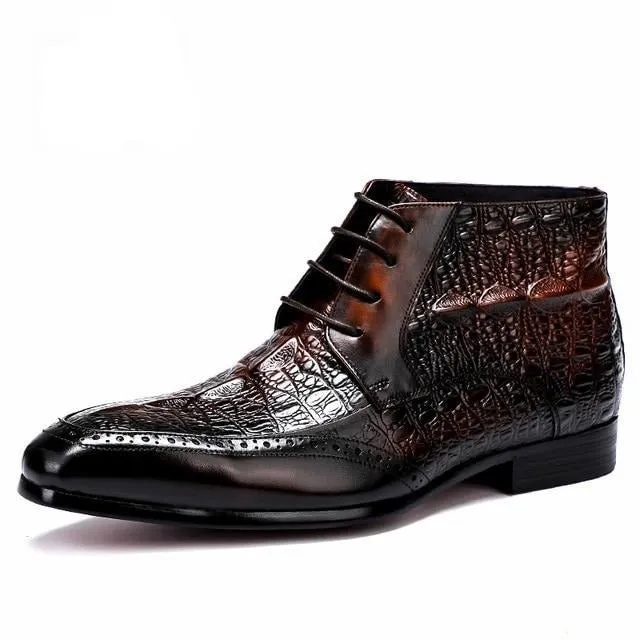 LuxeCroco Genuine Leather Lace-Up Exotic Ankle Boots