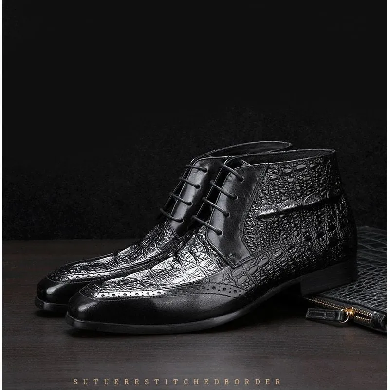 LuxeCroco Genuine Leather Lace-Up Exotic Ankle Boots