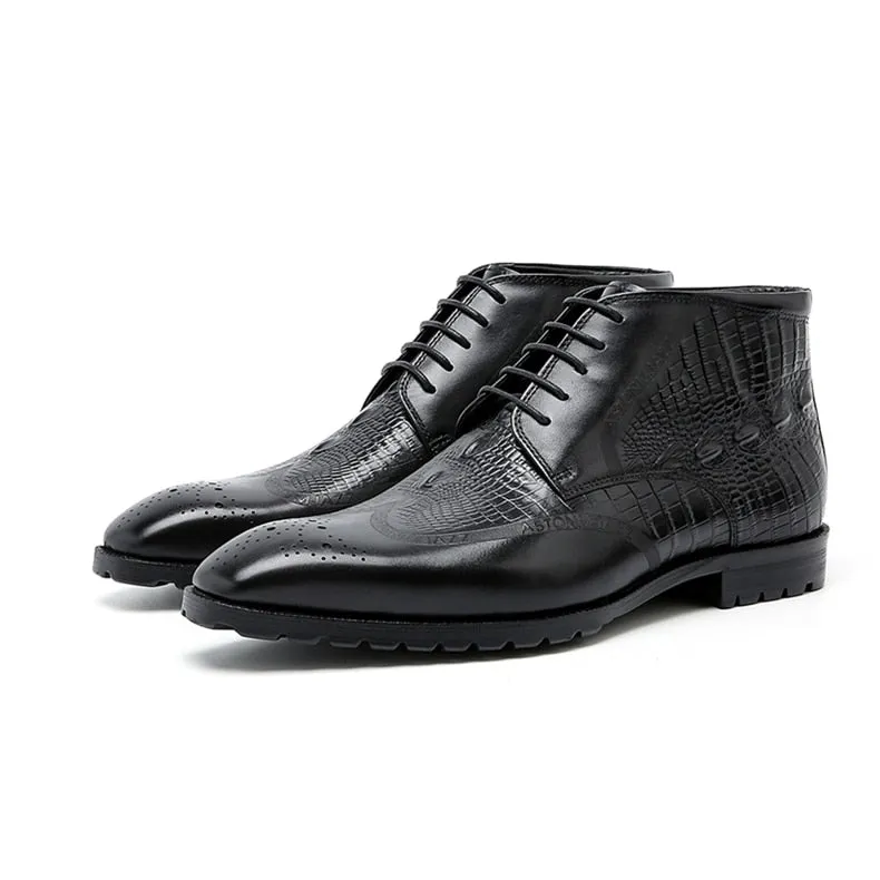 LuxeCroco Genuine Leather Lace-Up Exotic Ankle Boots