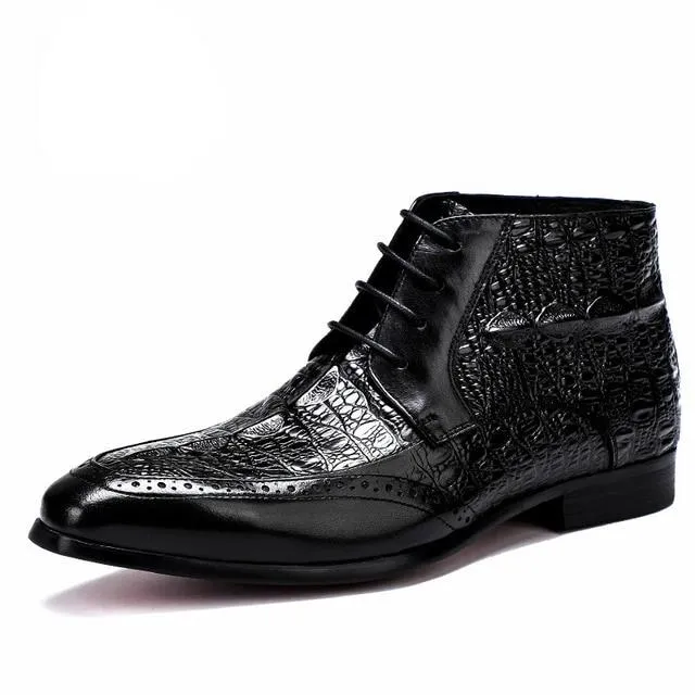 LuxeCroco Genuine Leather Lace-Up Exotic Ankle Boots