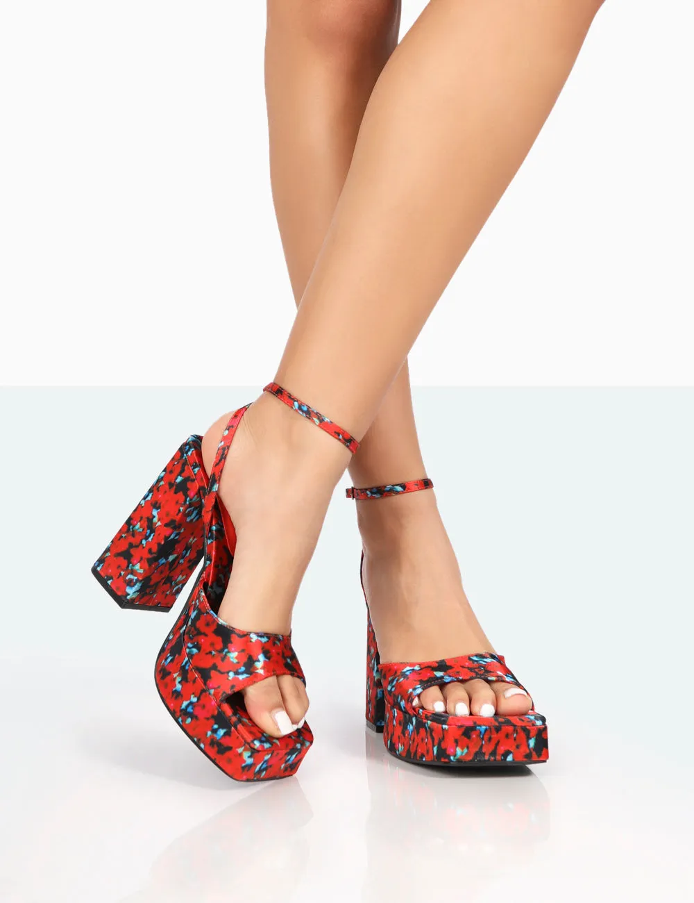 Lyle Red Floral Satin Square Toe Block Platform High Heels