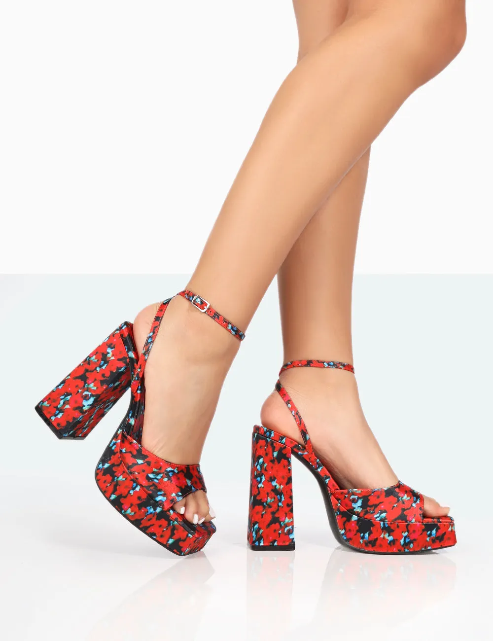 Lyle Red Floral Satin Square Toe Block Platform High Heels