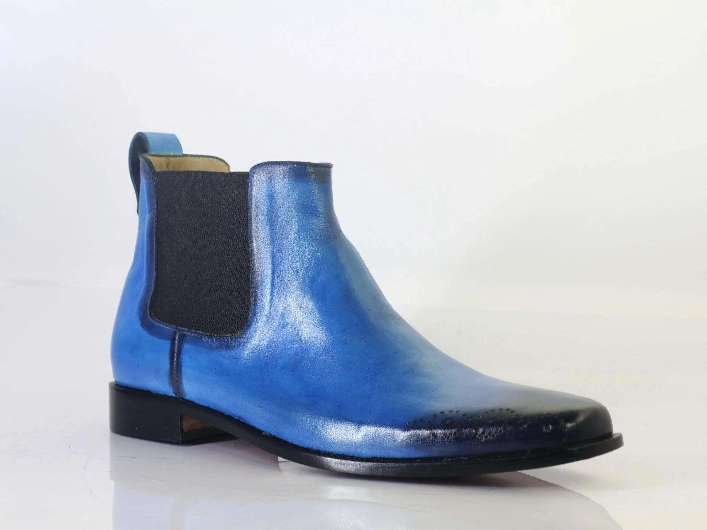 Men's Blue Brogue Toe Chelsea Leather Boots