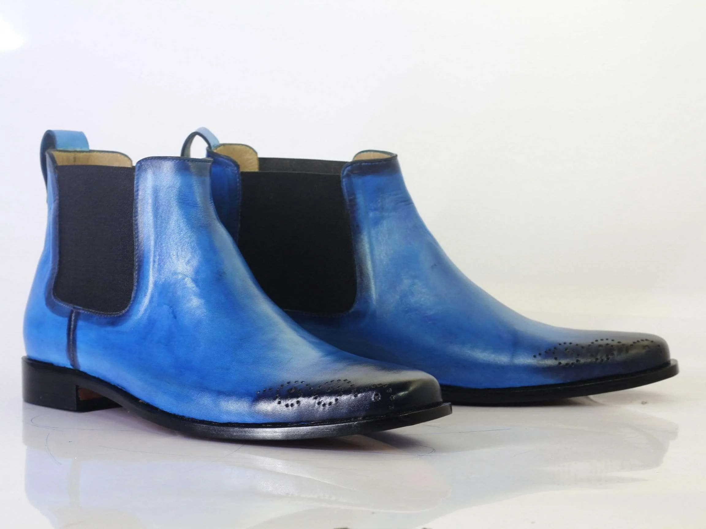 Men's Blue Brogue Toe Chelsea Leather Boots