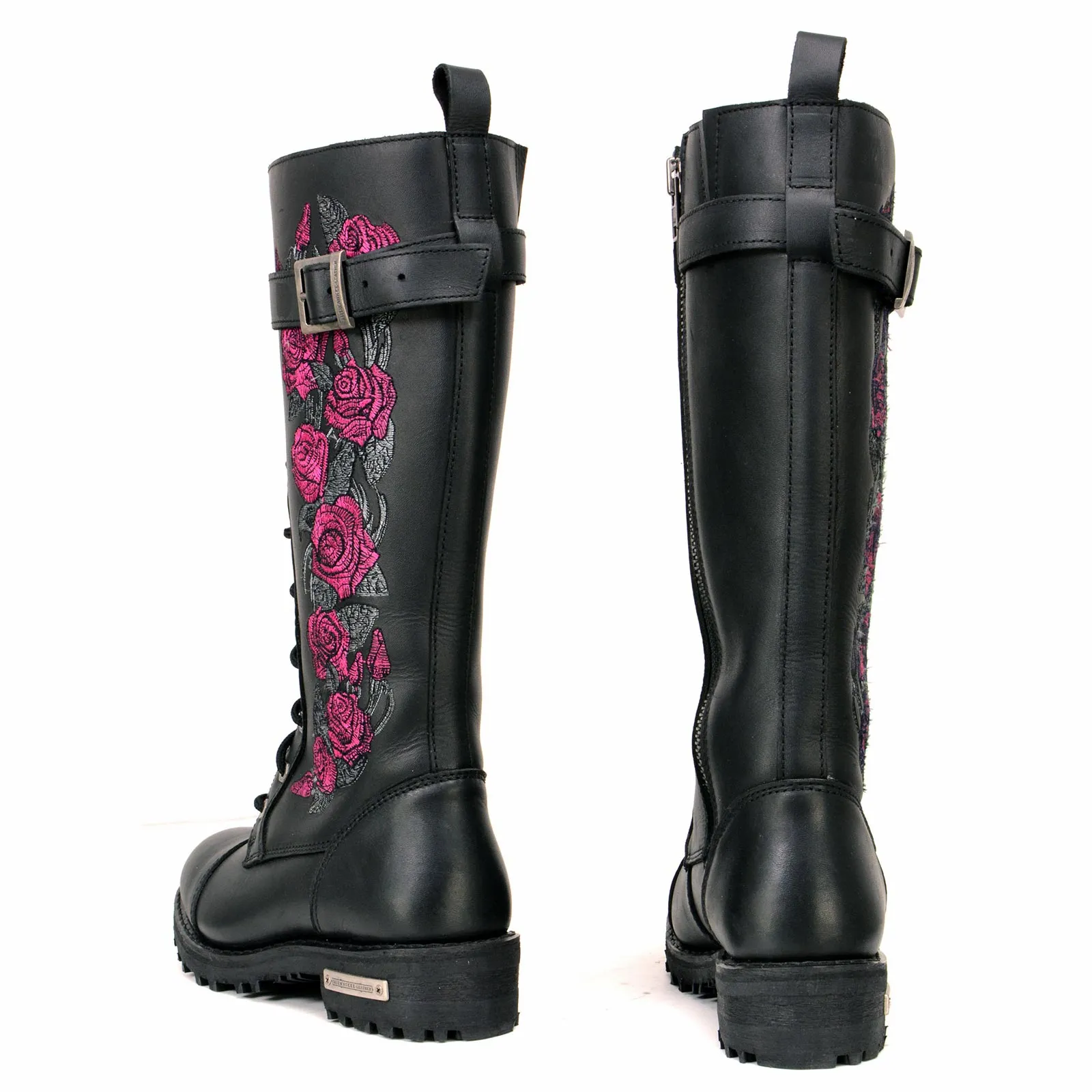 Milwaukee Leather MBL9356 Women's Black 14” Tall Motorcycle Boots Lace-Up High-Rise Pink Embroidered Leather Shoe