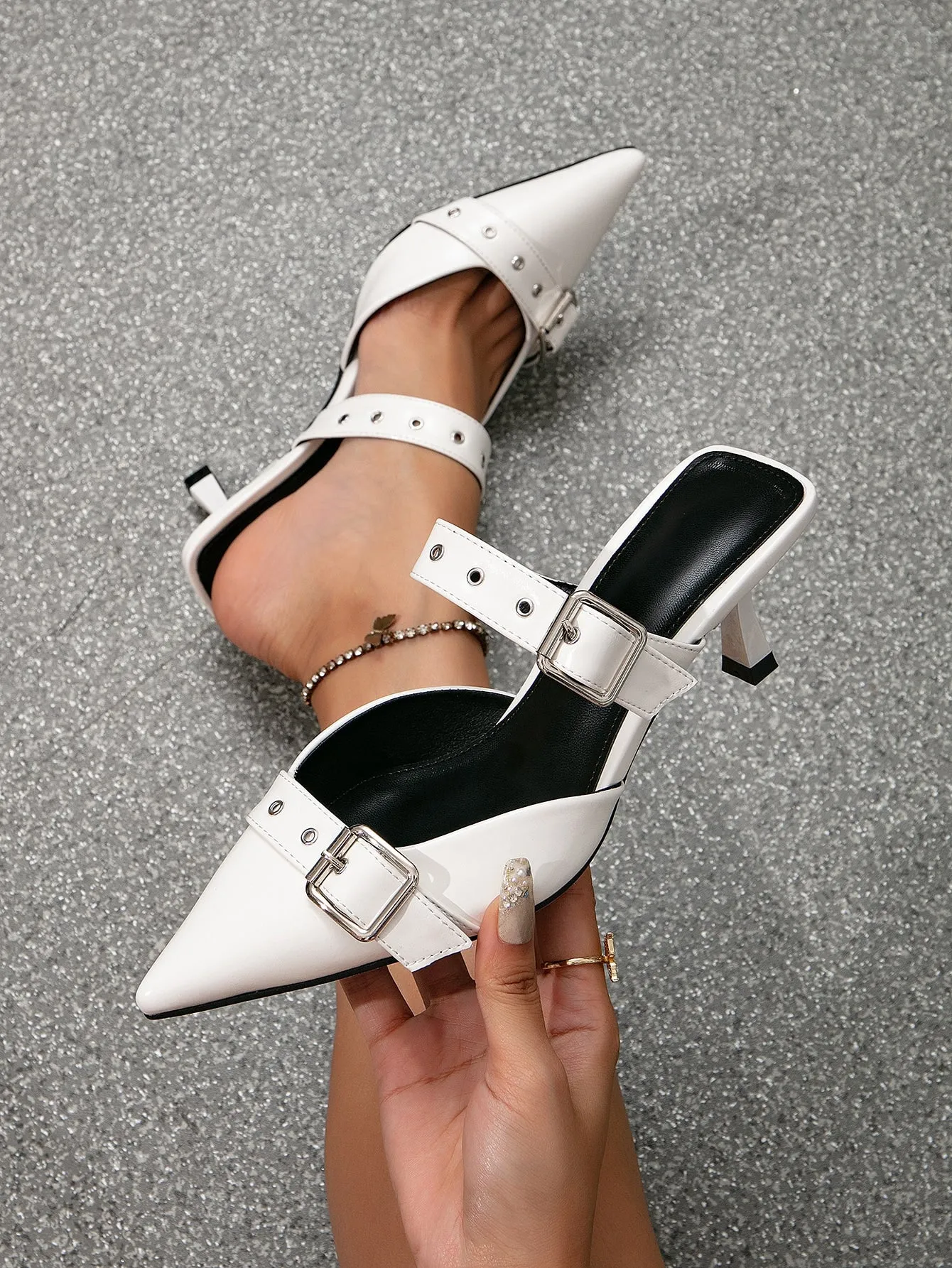 Pointed Toe Stiletto High Heeled Shoes With Double Straps And Rivets Decoration