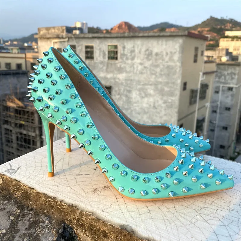 Rivet Embellished Tangerine Stiletto Pumps – 10cm High Heels for Women