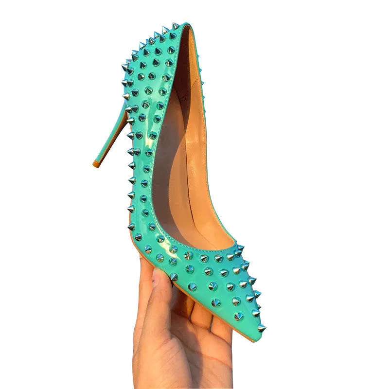 Rivet Embellished Tangerine Stiletto Pumps – 10cm High Heels for Women