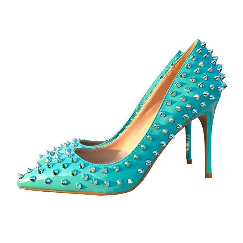 Rivet Embellished Tangerine Stiletto Pumps – 10cm High Heels for Women