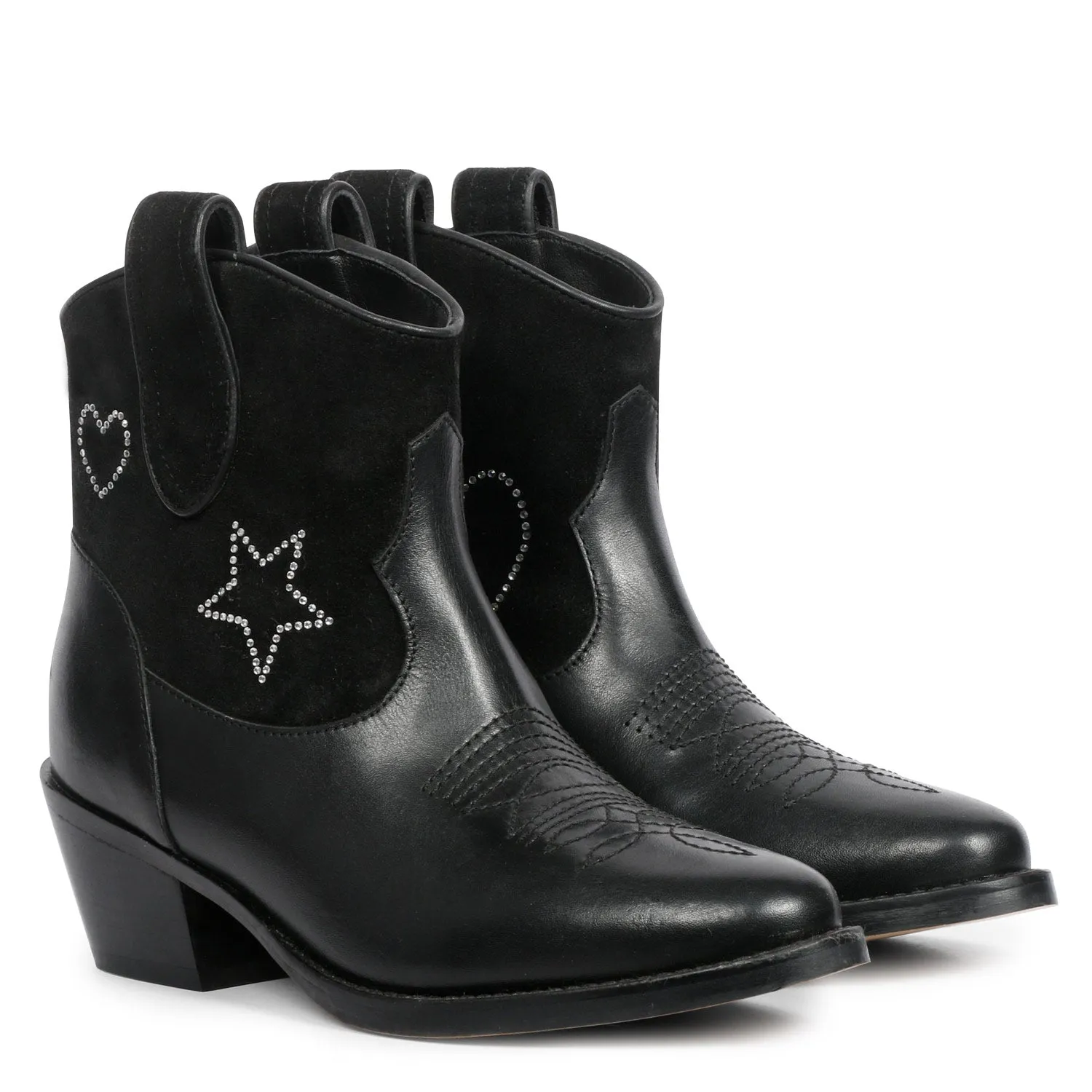 Saint Serenity Silver Star Embellished Black Leather Ankle Boots