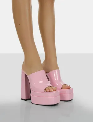 Sky High Bubblegum Pink Patent Chunky Platform High Heeled Mules