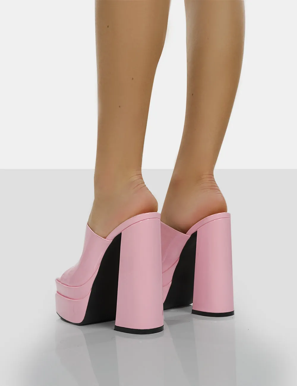 Sky High Bubblegum Pink Patent Chunky Platform High Heeled Mules