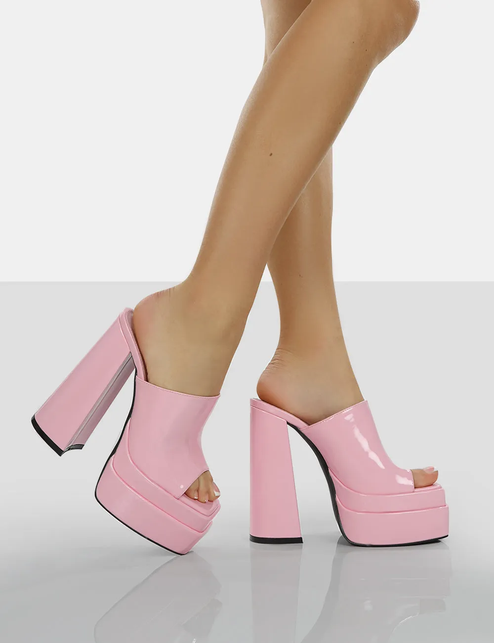 Sky High Bubblegum Pink Patent Chunky Platform High Heeled Mules