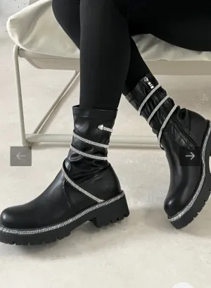 TINA BLACK WRAP AROUND DIAMANTE SOCK BOOTS