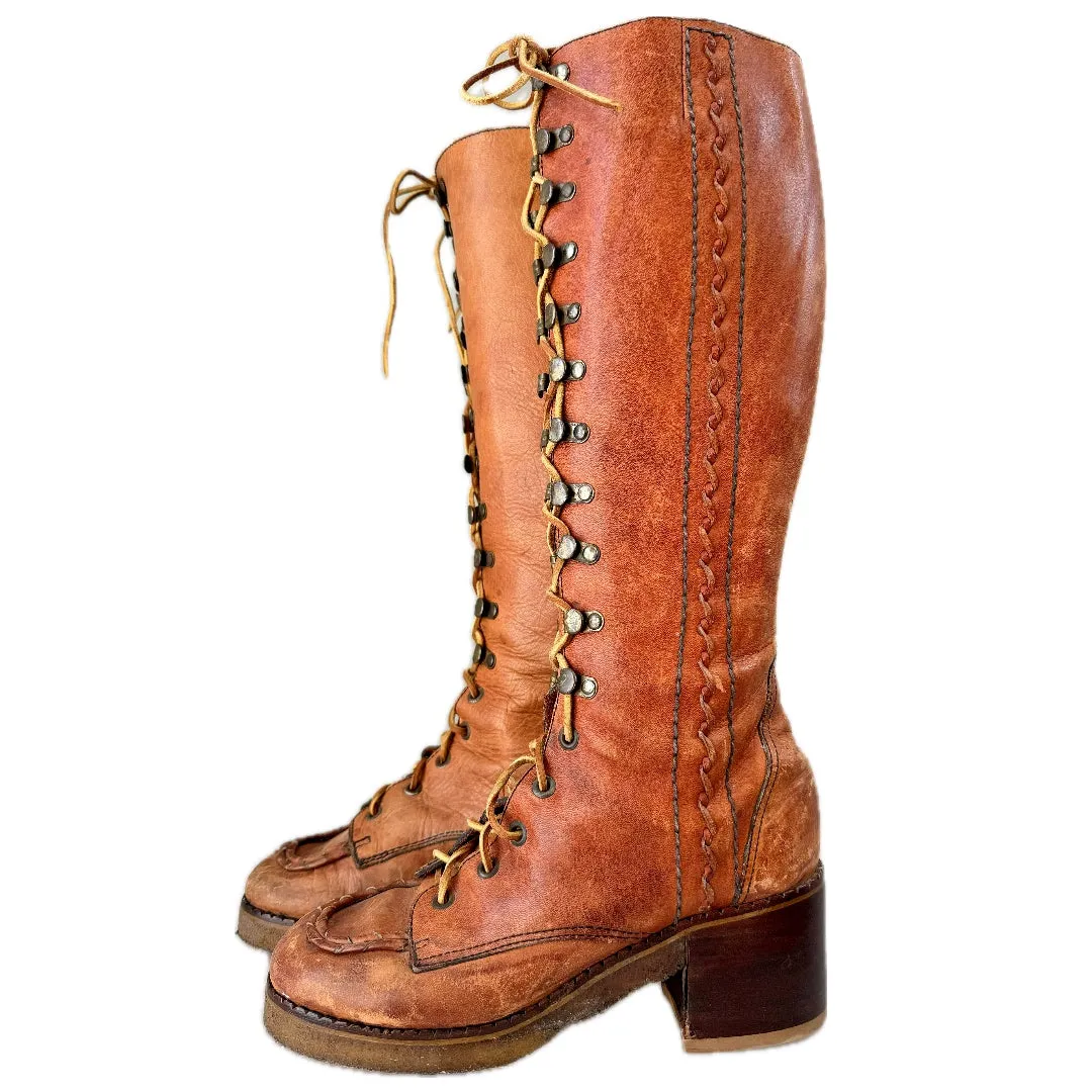 Vintage Lace Up Tall Brown Leather Boots