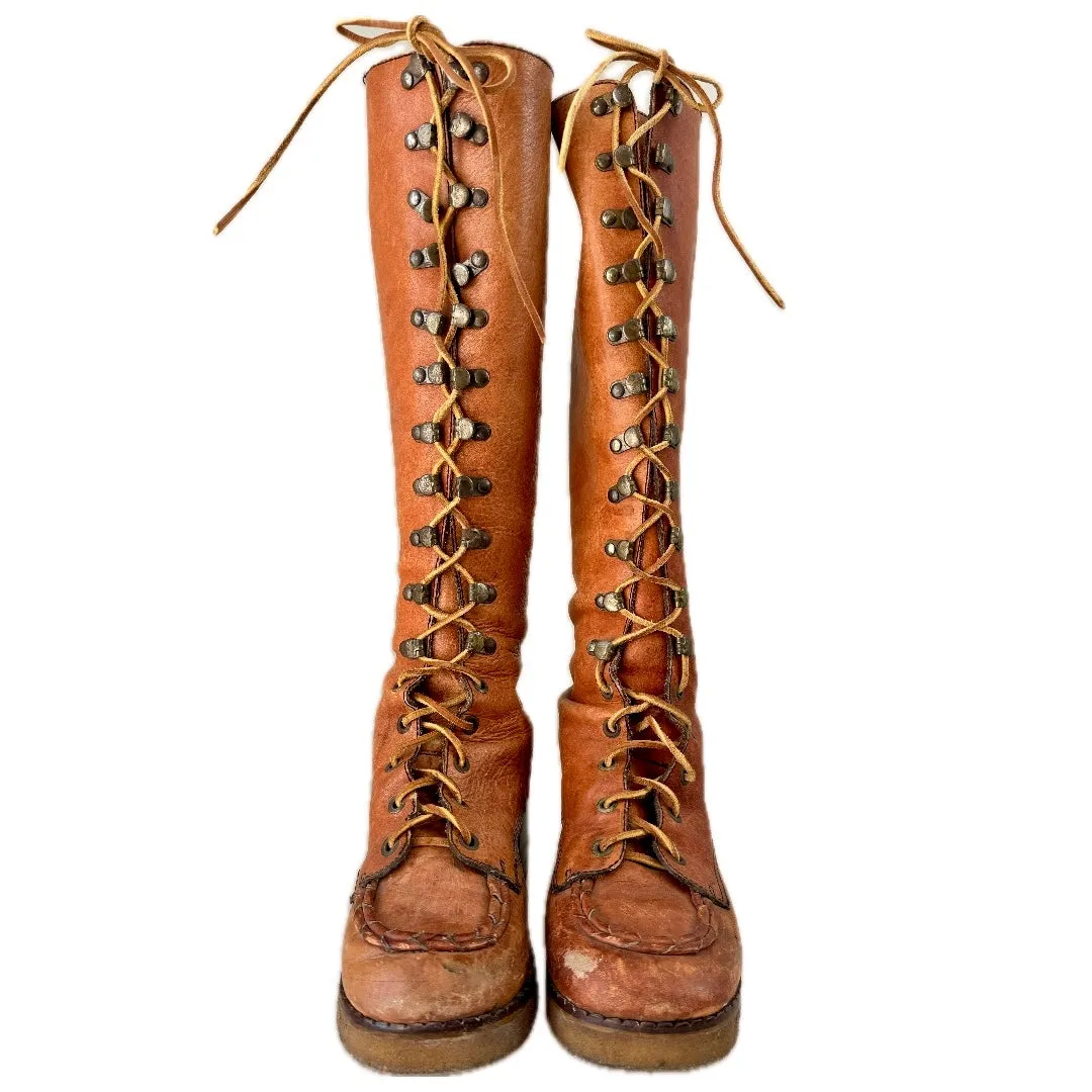 Vintage Lace Up Tall Brown Leather Boots