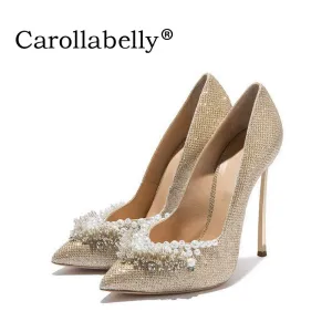 Woman Sexy Pumps Women Gold Beading Wedding Shoes