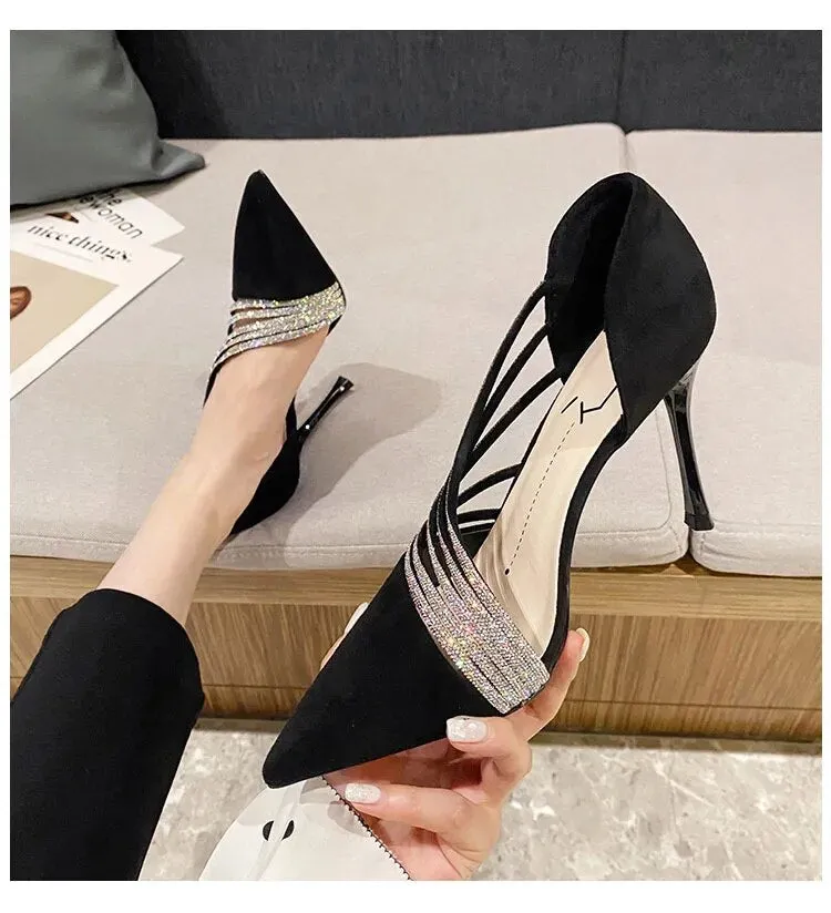 Women Autumn Evening Party High Heels Ladies Pointed Toe Nude Leather Black Gold Patent Leather Heels - WSHP50099