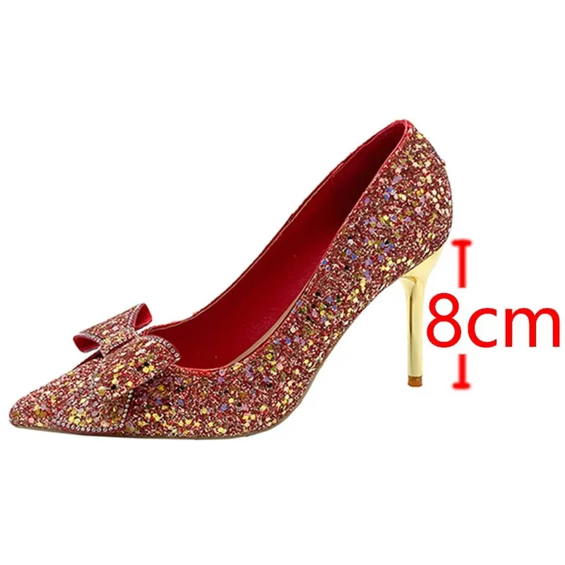 Women Pumps Slip-On Sweet Bowknot High Heels Shining Thin Heels Wedding Party Shoes - WSHP50104