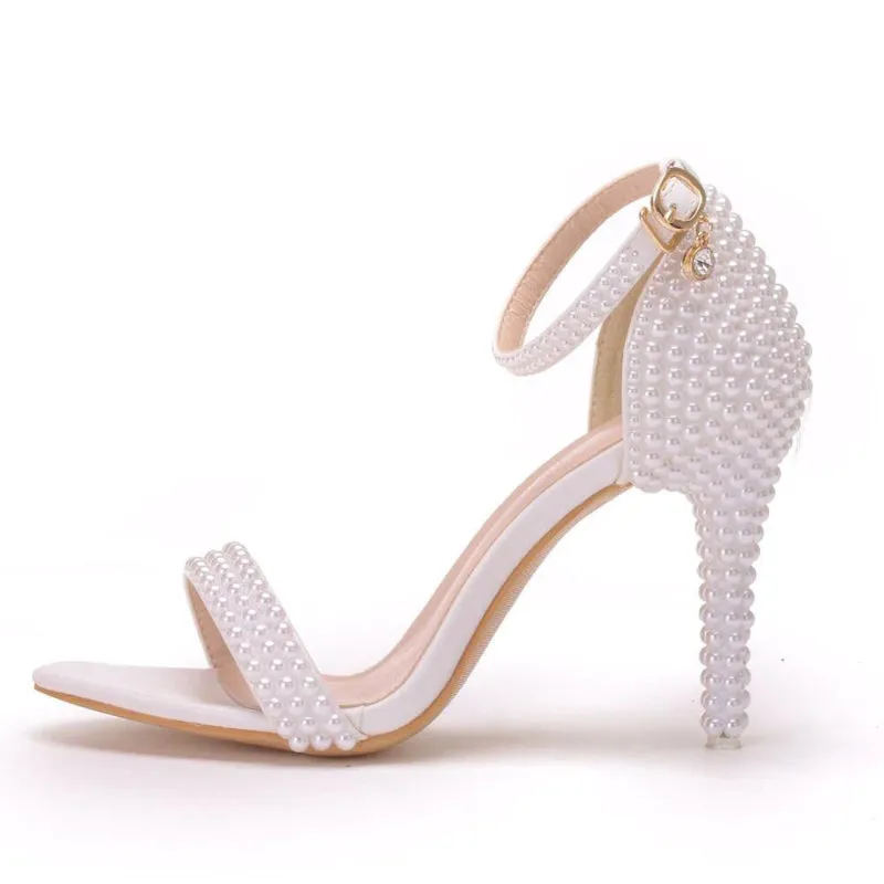 Wonderful Pearl Studded Stiletto Pumps High-Heeled Bridal Sandals